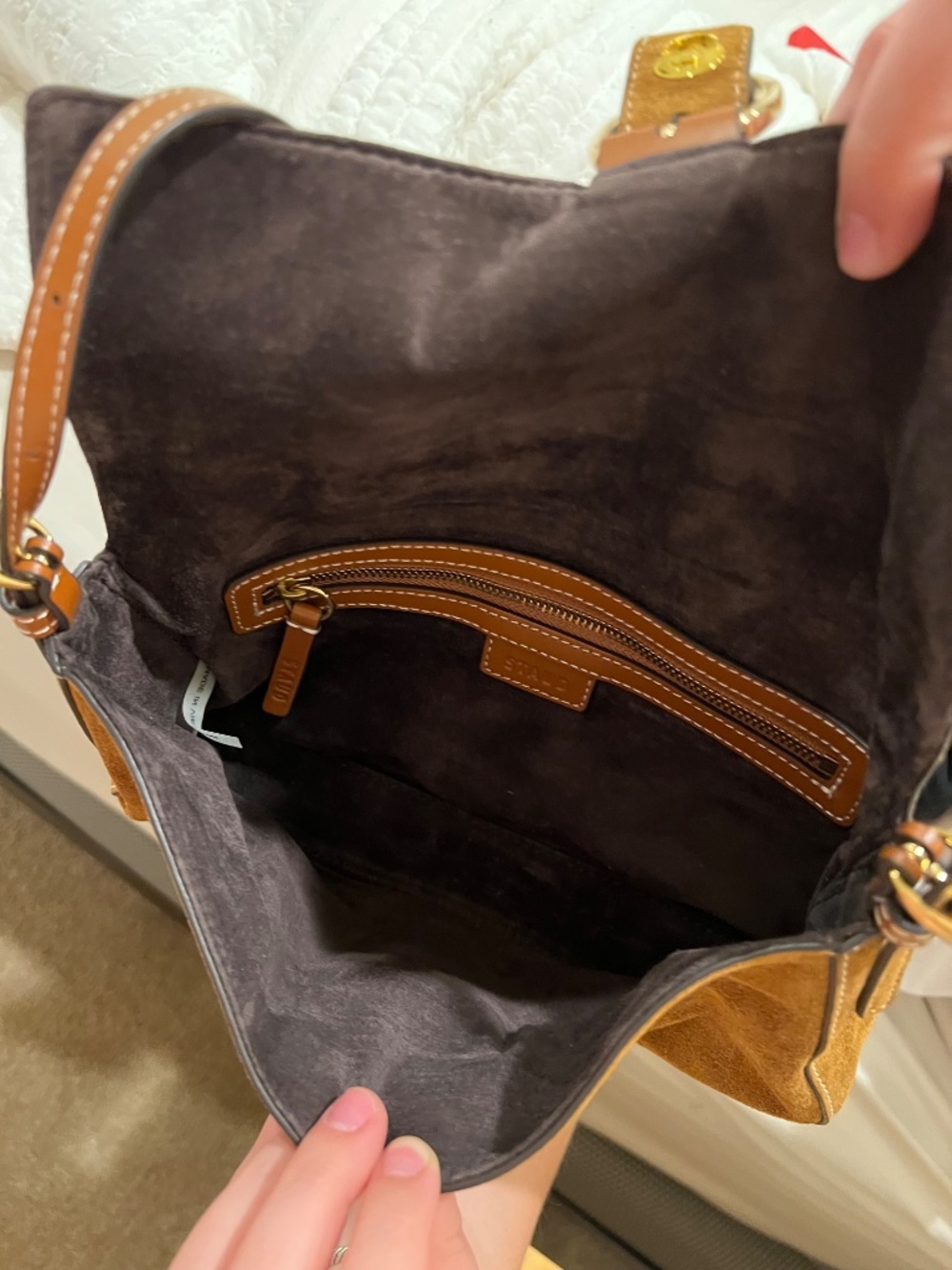 STAUD Harlow Buckle Shoulder Bag Tan Suede Gold Hardware Flap Purse - Picture 2 of 3